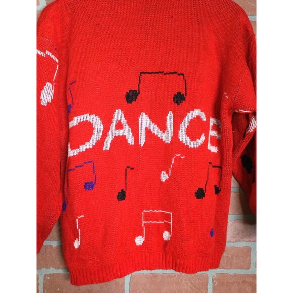 Vintage Red Knit Sweater Dance Music Theme Acrylic Novelty Design Made In USA - Picture 4 of 8